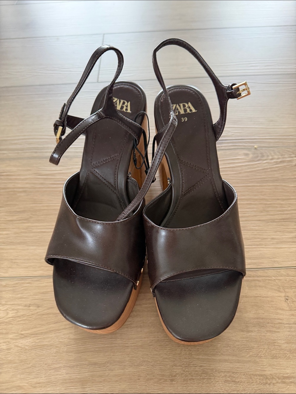 Zara Chocolate Brown Leather Platform Sandals with Wooden Block Heel 39 US 8 NWT - Picture 3 of 6